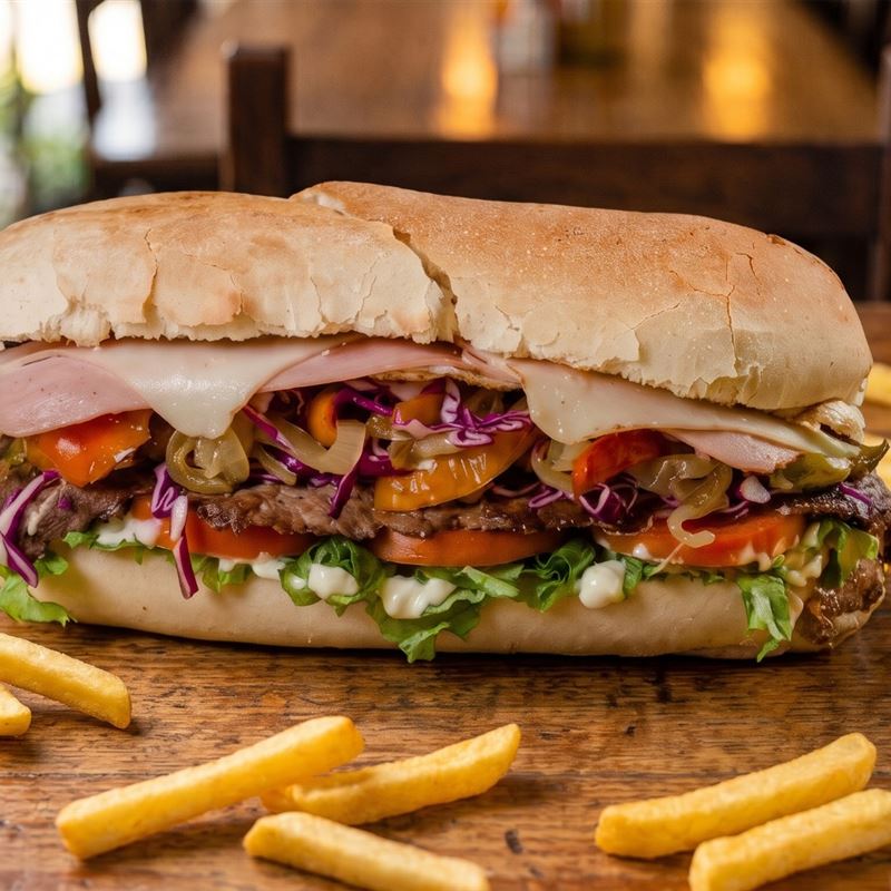 Lomito Supremo con papas fritas, sobre una tabla de madera